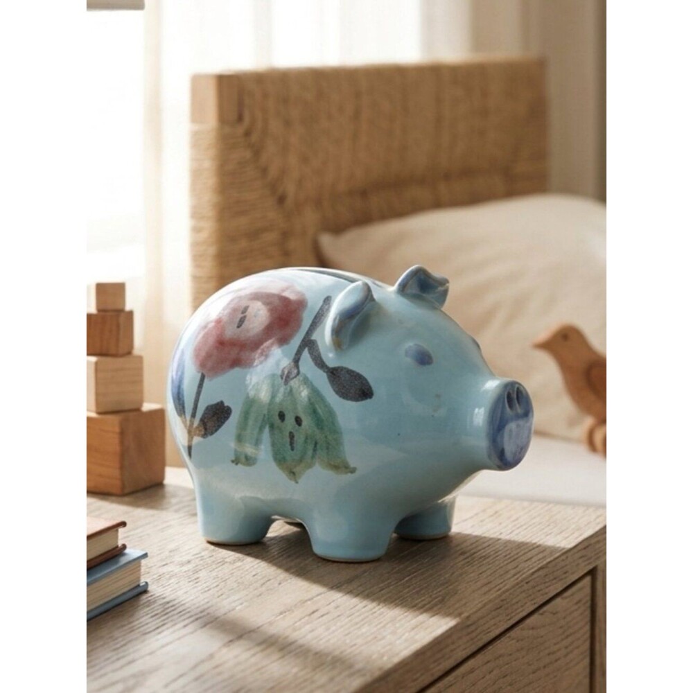 Ceramic Blue Floral Piggy Bank Made In Italy